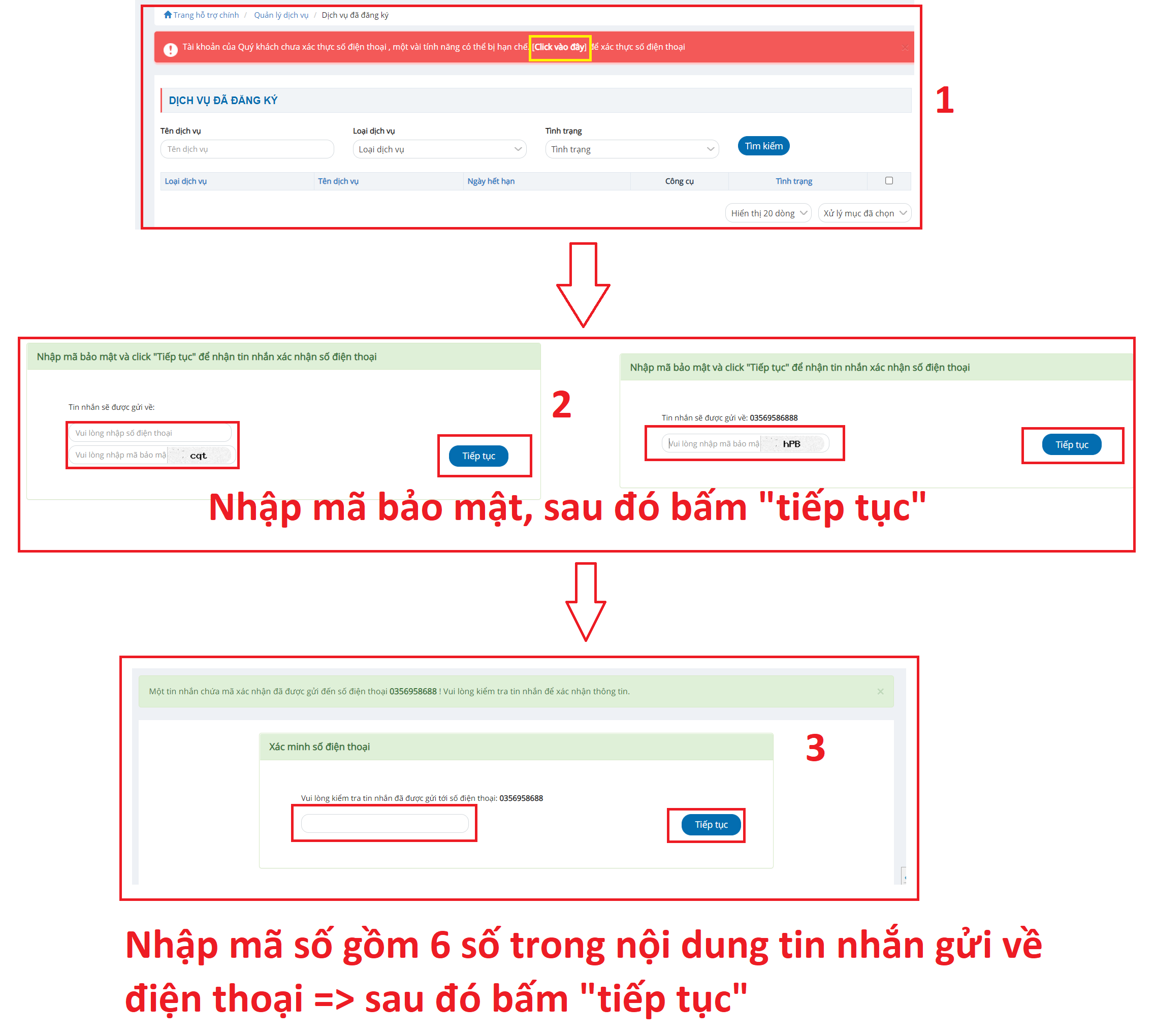 C&aacute;c bước x&aacute;c thực số điện thoại để d&ugrave;ng thử VPS HostingViet