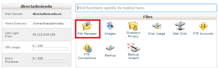 Click File Manager từ màn hình chính - Các xóa thùng rác cPanel