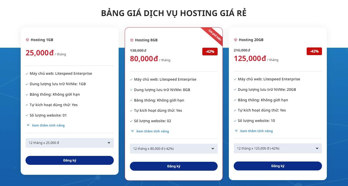 bảng giá hosting giá rẻ