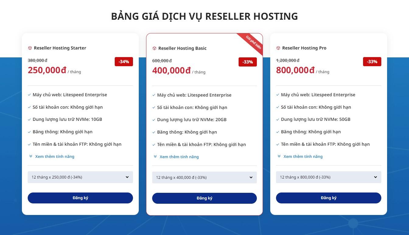 bảng giá reseller hosting