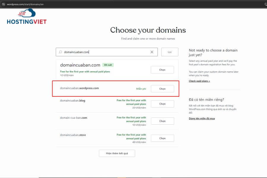 chọn domain miễn phí mà wordpress gợi ý