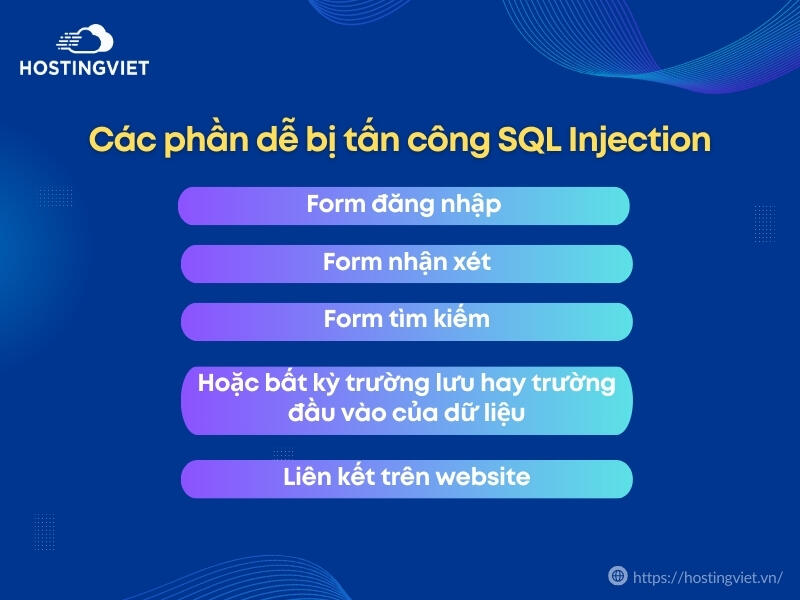 Các phần dễ bị tấn công SQL Injection