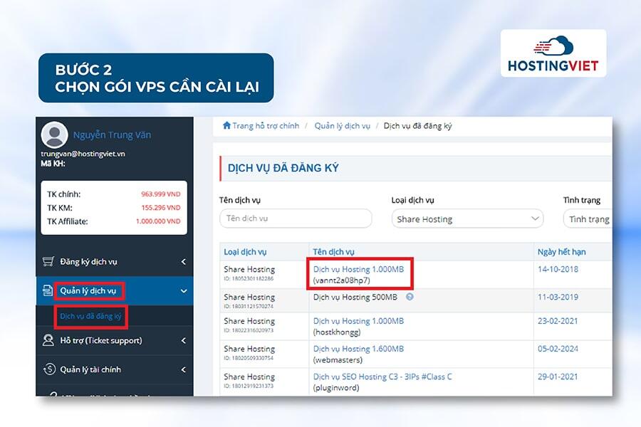 Bước 2 cài lại hệ điều hành VPS