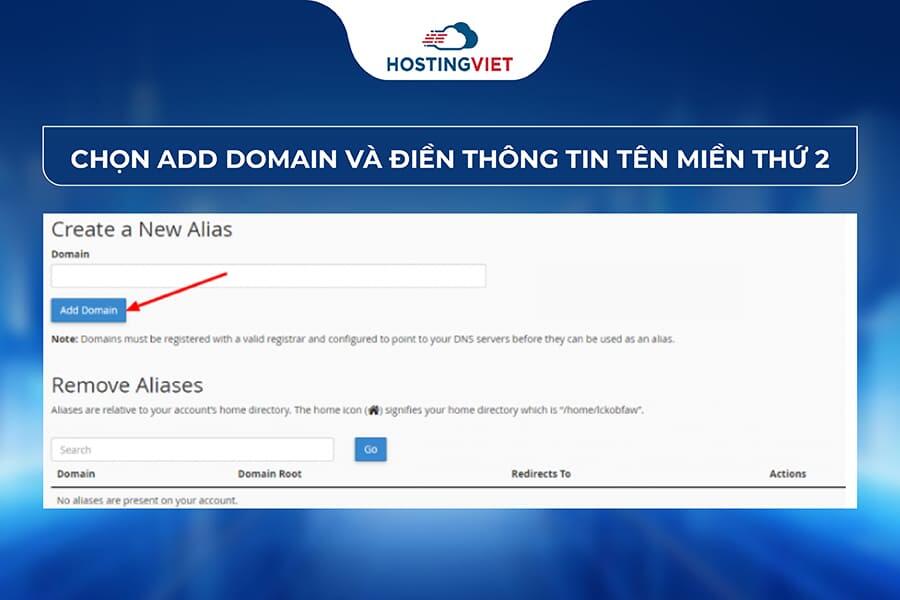 Chọn Add Domain và điền thông tin tên miền thứ 2