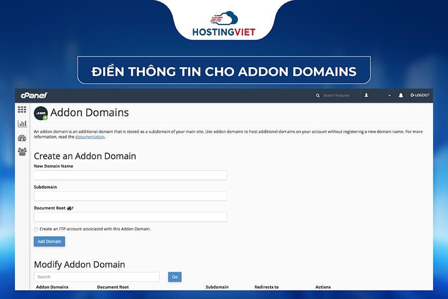 Điền thông tin Addon Domain