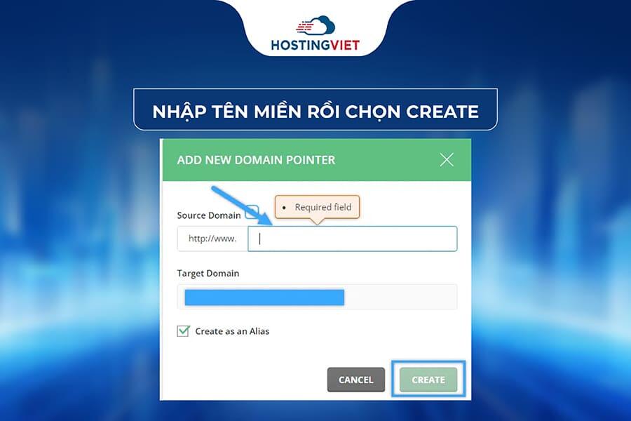 nhập tên miền rồi chọn Create 