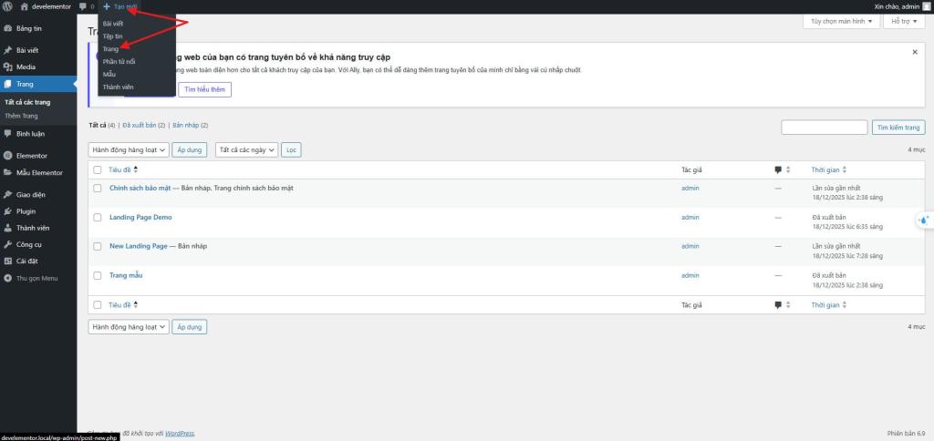Tạo mới trang v&agrave; b&agrave;i viết t&ugrave;y chỉnh với Elementor - bước 1