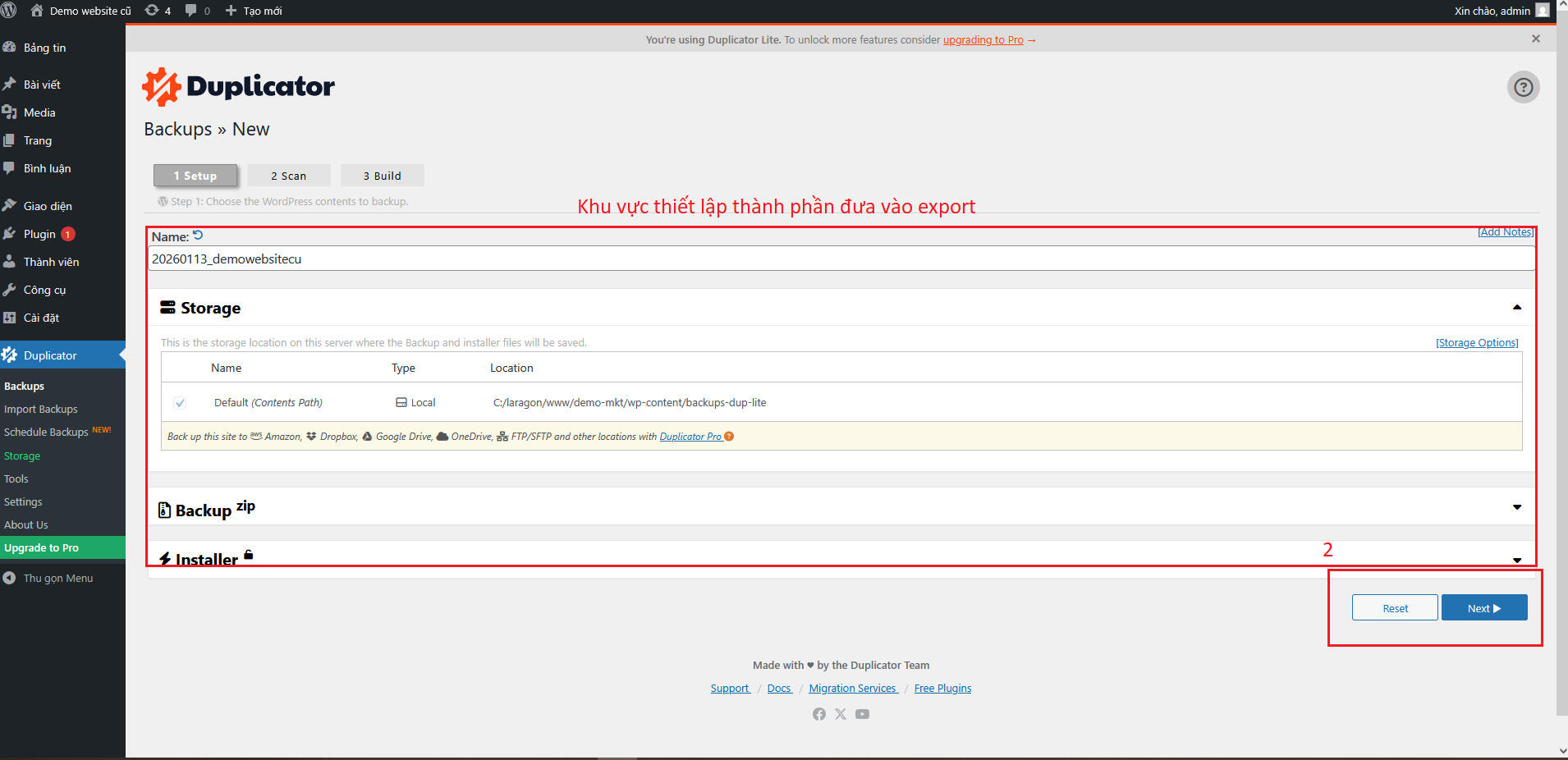 Bước 2- Export package bằng Duplicator - 2