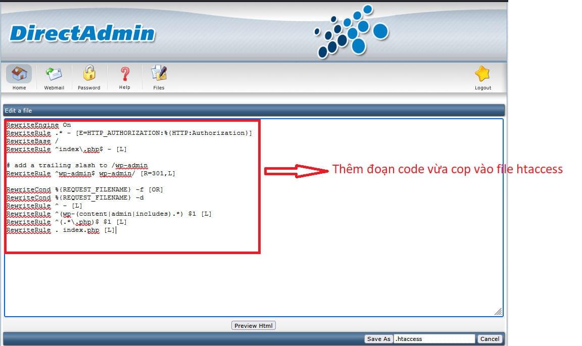 Th&ecirc;m code cấu h&igrave;nh v&agrave;o htaccess