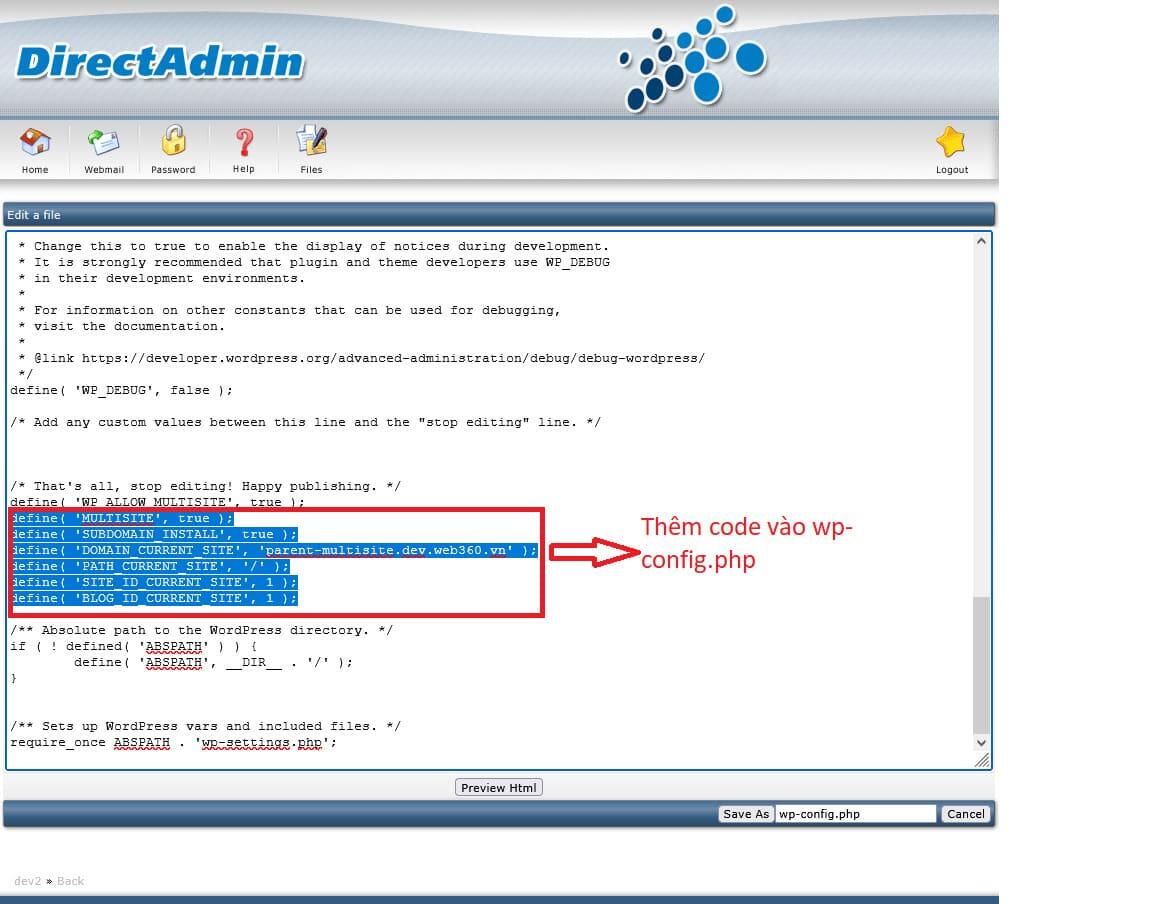 Th&ecirc;m code cấu h&igrave;nh v&agrave;o wp-config