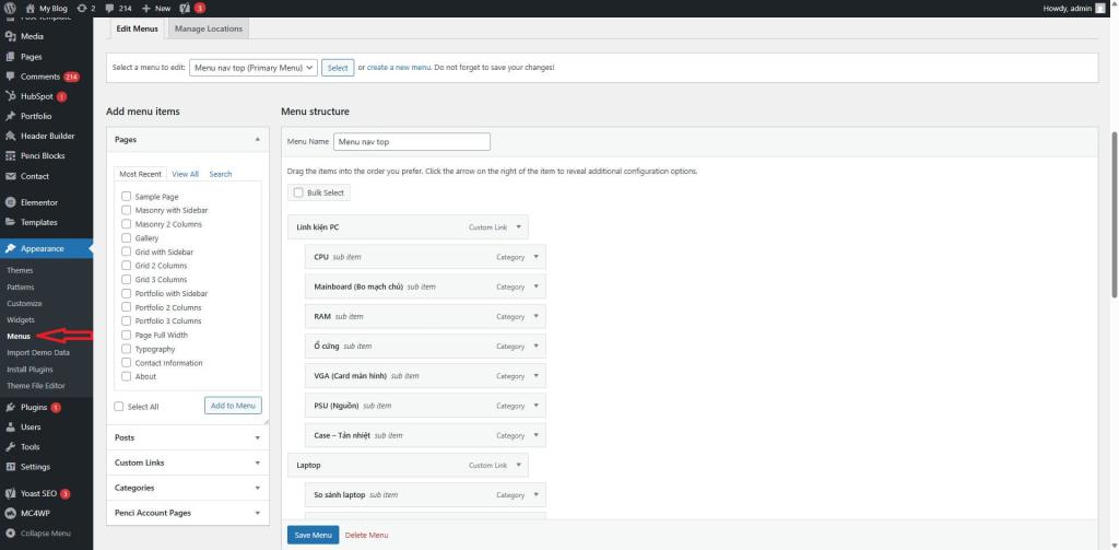 Mục Menus trong wordpress