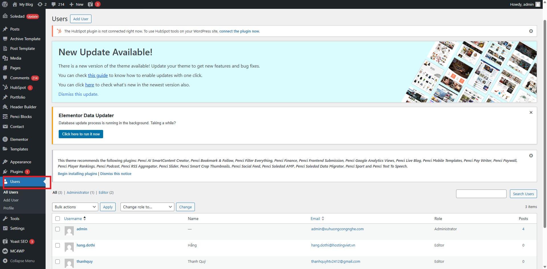 Mục Users trong Wordpress
