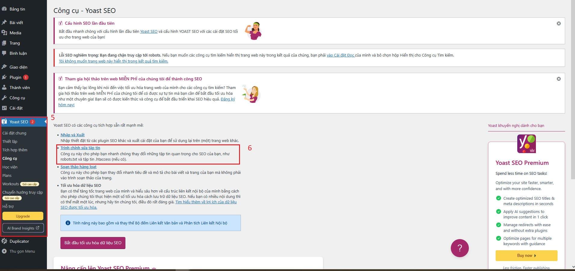 Tạo robots.txt bằng plugin Yoast SEO