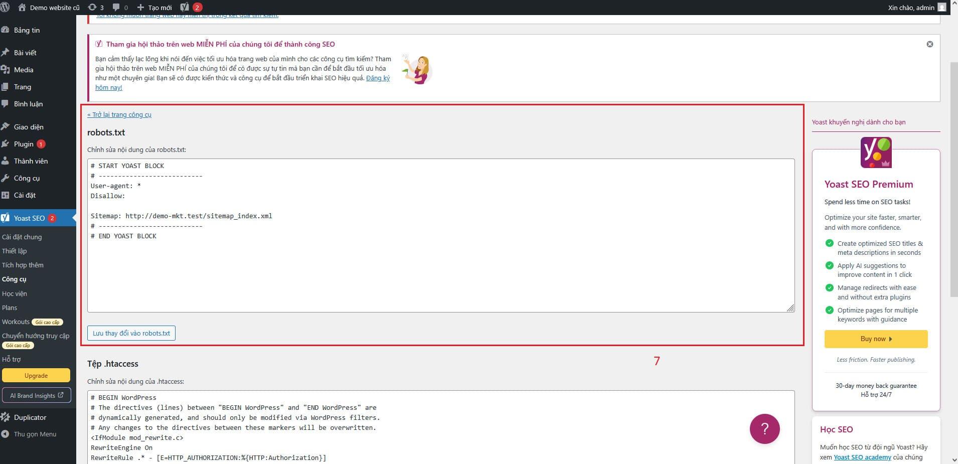 Tạo robots.txt bằng plugin Yoast SEO