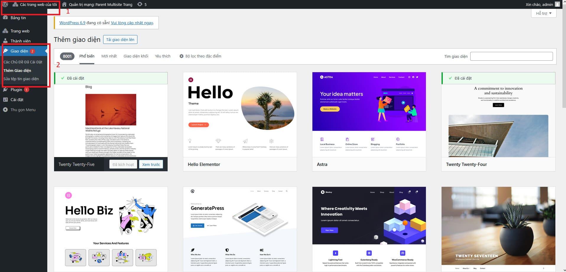Bước 6: C&agrave;i đặt theme cho WordPress Multisite Network