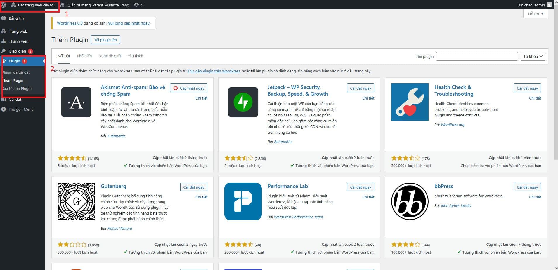 Bước 6: C&agrave;i đặt plugin cho WordPress Multisite Network