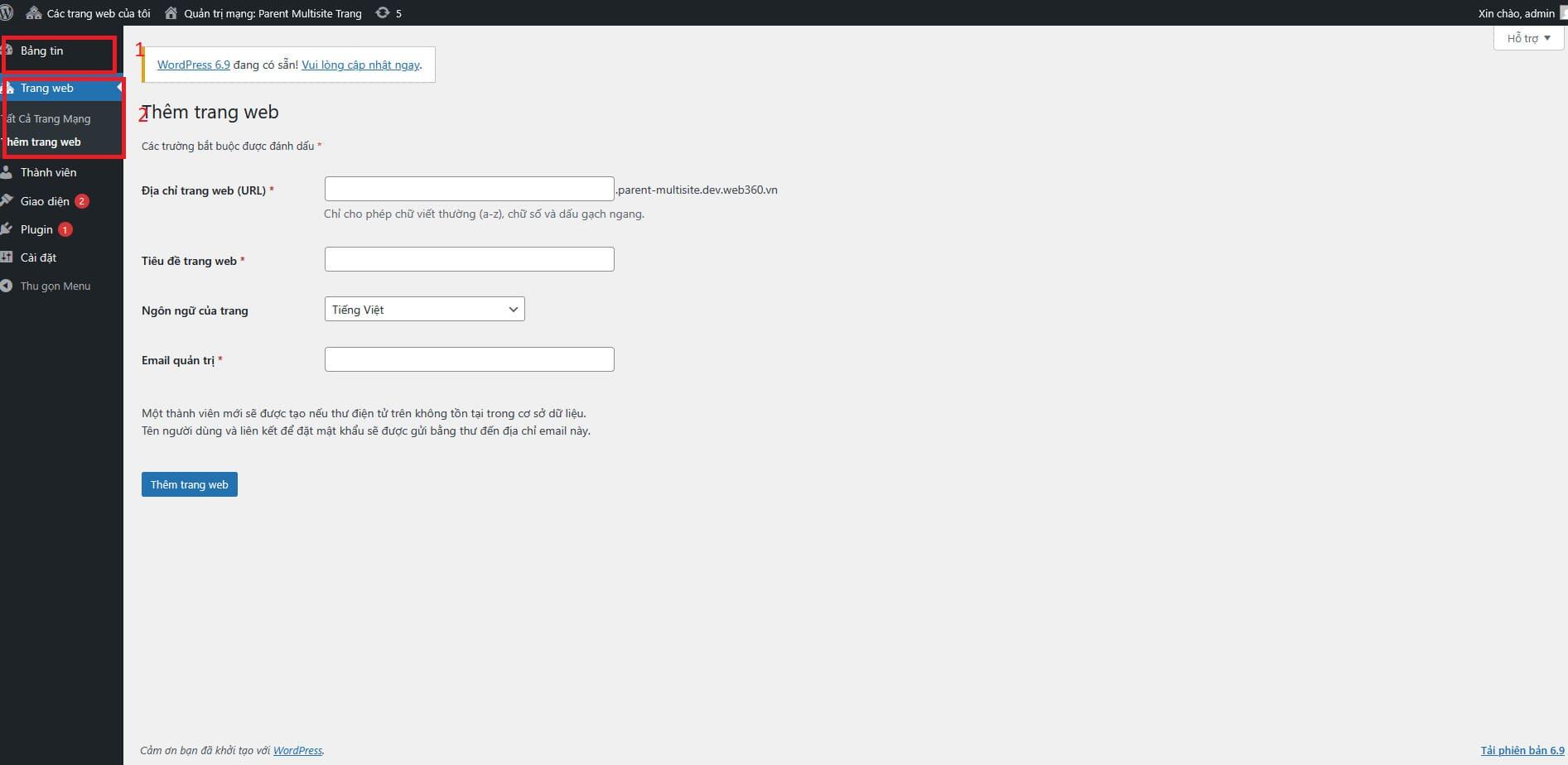 Bước 5: Th&ecirc;m website mới v&agrave;o WordPress Multisite Network