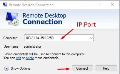 Nhập th&ocirc;ng tin kết nối VPS Windows