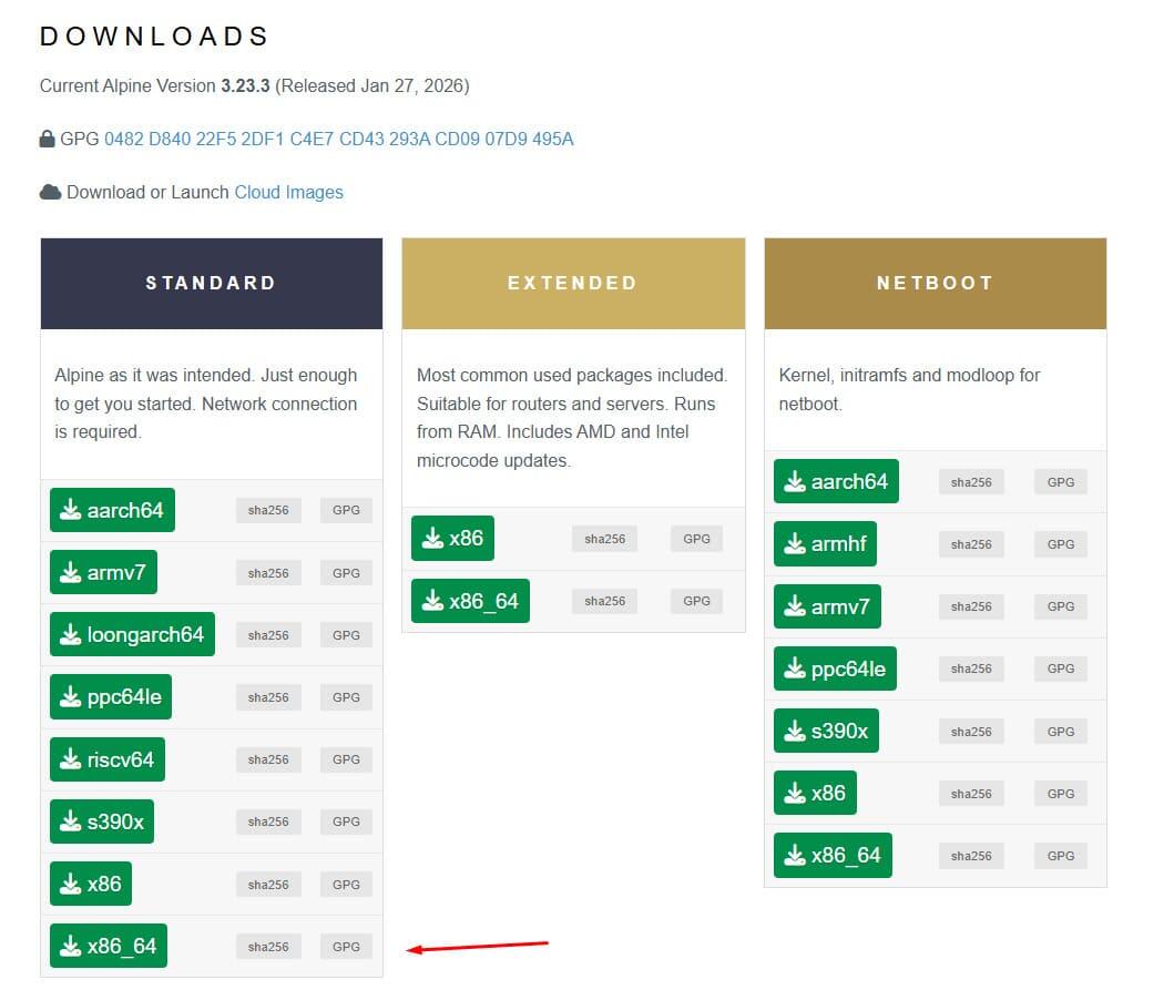 Tải bộ c&agrave;i đặt Alpine Linux